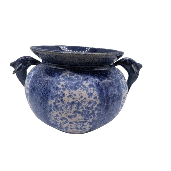 Studio Pottery Blue Speckled Ceramic Pot With Dolphin Handles Signed Base 5" X 6 - Picture 2 of 10